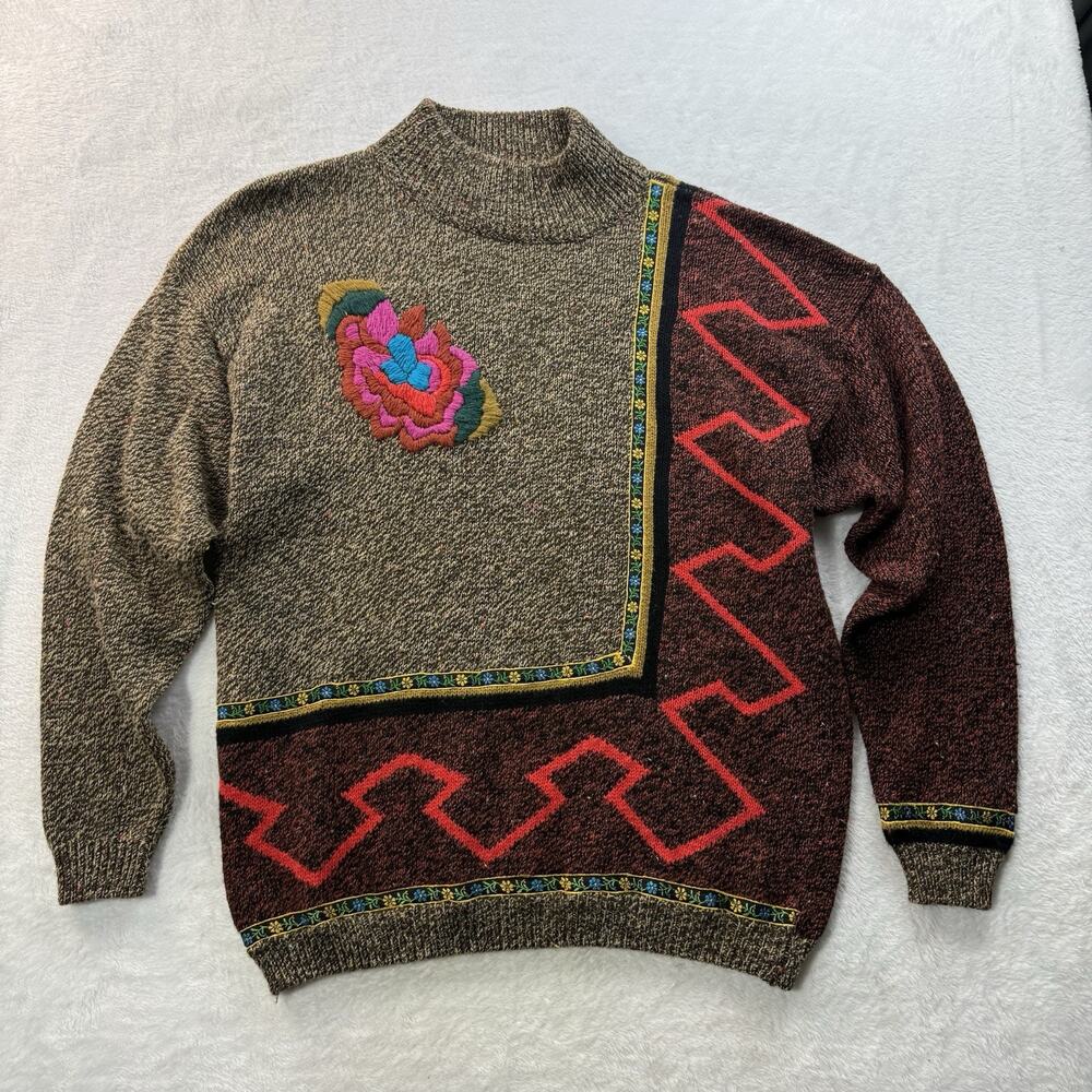 VTG Sweater Womens Medium Geometric 80s 90s Abstract Embroidered Brown Red